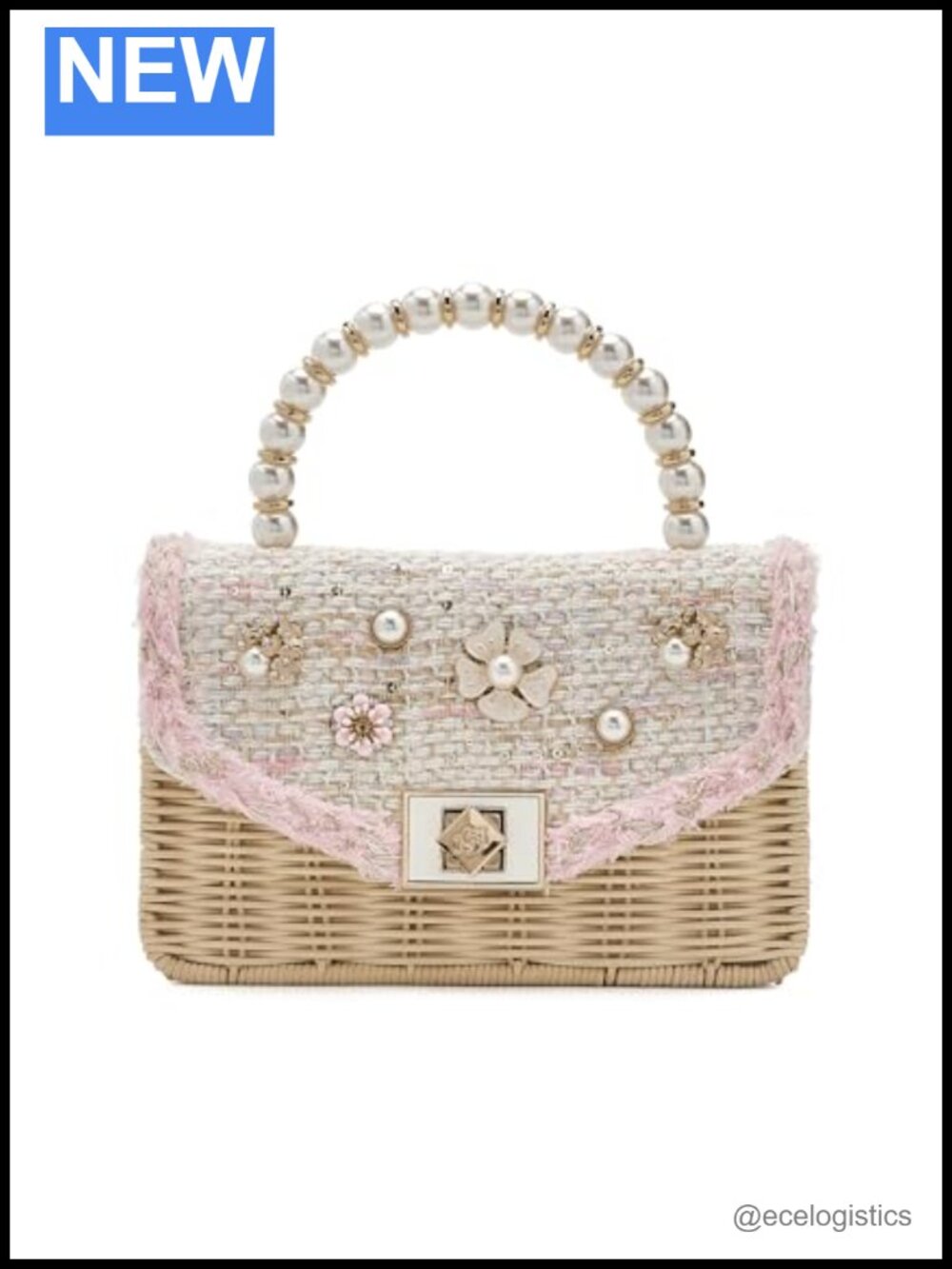 Woven Rattan Crossbody Bag Floral Embellished Twist Lock Adjustable Strap